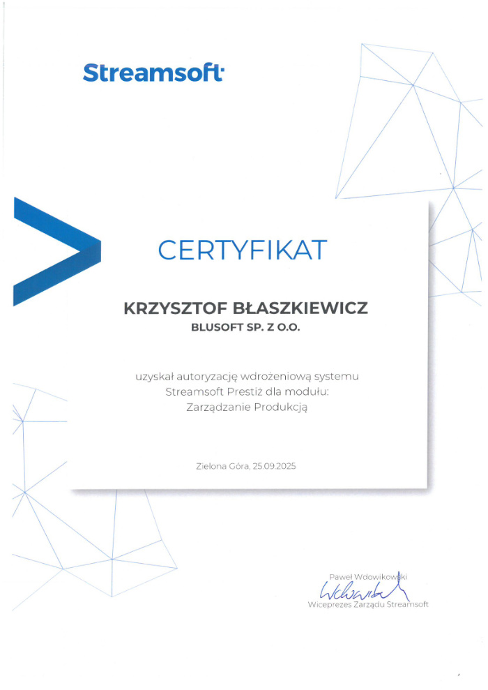Certyfikat wdrożeniowy Streamsoft – obszar produkcyjny KB (otwórz PDF)