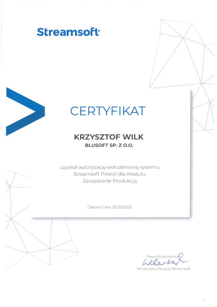 Certyfikat wdrożeniowy Streamsoft – obszar produkcyjny KW (otwórz PDF)